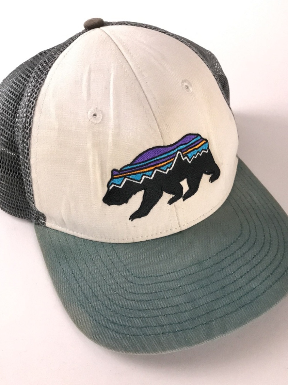 Patagonia California bear trucker hat faded worn in light blue gray